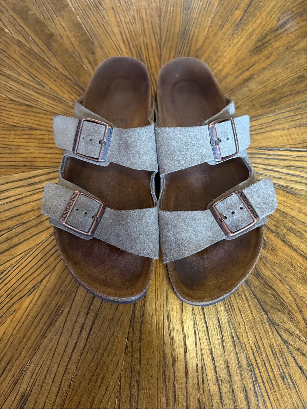 Birkenstock Arizona Suede Double-Strap Sandals in Taupe Size 38 US 7-7.5